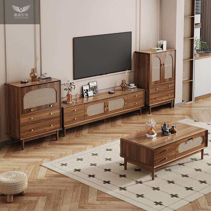 实木复古简约藤编电视柜中式北欧小户型框客厅家用茶几电视柜组