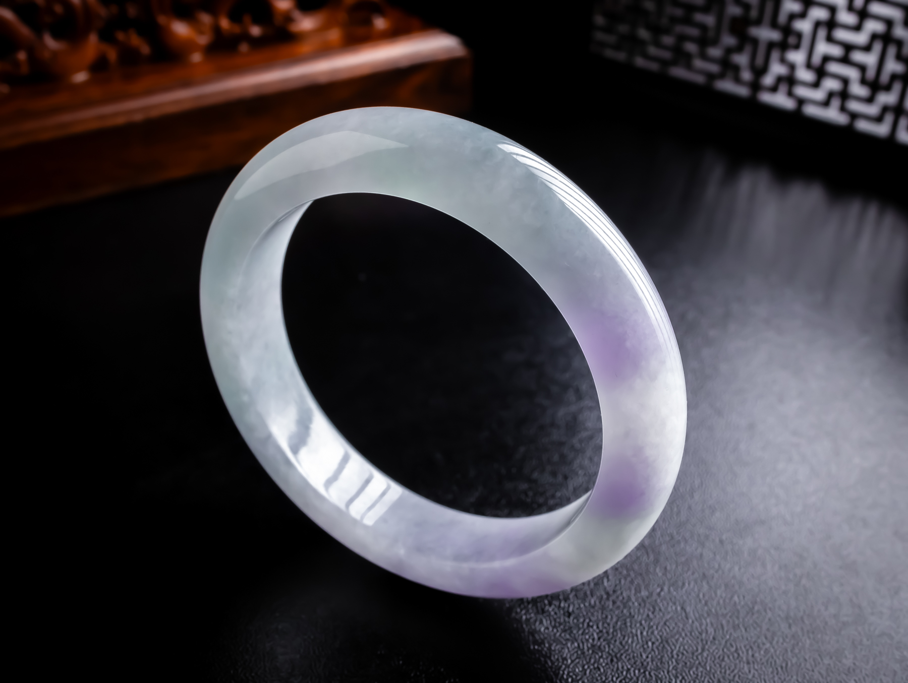 55圈口缅甸天然真品翡翠冰紫罗兰春彩飘绿双彩闪拍正装手镯60.50g