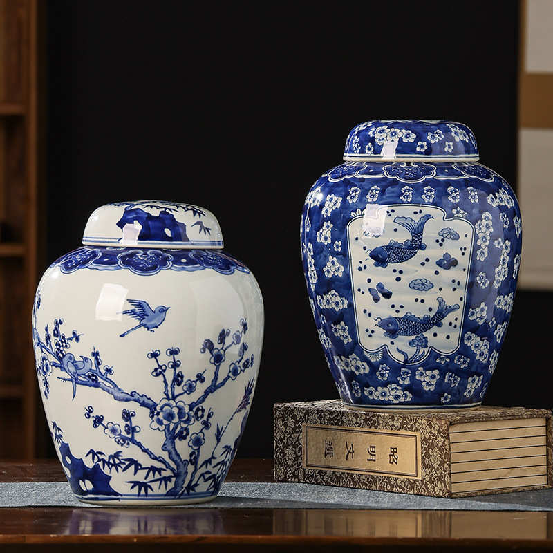 景德镇仿古手绘花鸟花瓶中式陶瓷罐玄关摆件可水培收纳别墅花瓶