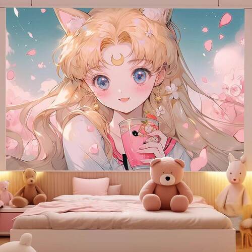 新款 美插画ins风少女心可爱直播装饰背景布房间宿舍改造挂布墙布
