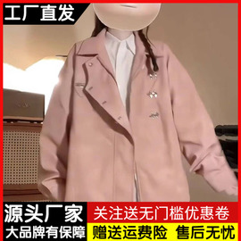 美式复古金属扣粉色pu皮衣外套女春秋季宽松机车服工装夹克上衣潮