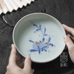 功夫茶具家用盖碗托盘茶道配件 仿古手绘青花幽梦石榴壶承干泡台