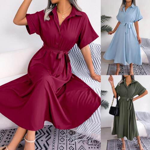 Summer Short Sleeve Lapel Casual Loose Pure Color Tie Shirt