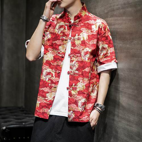 Mid floral men's short sleeved shirt, plus size linen