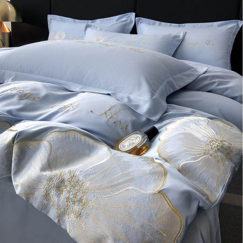 新款水洗真丝刺绣四件套轻奢风床笠款纯色简约天丝床单被套
