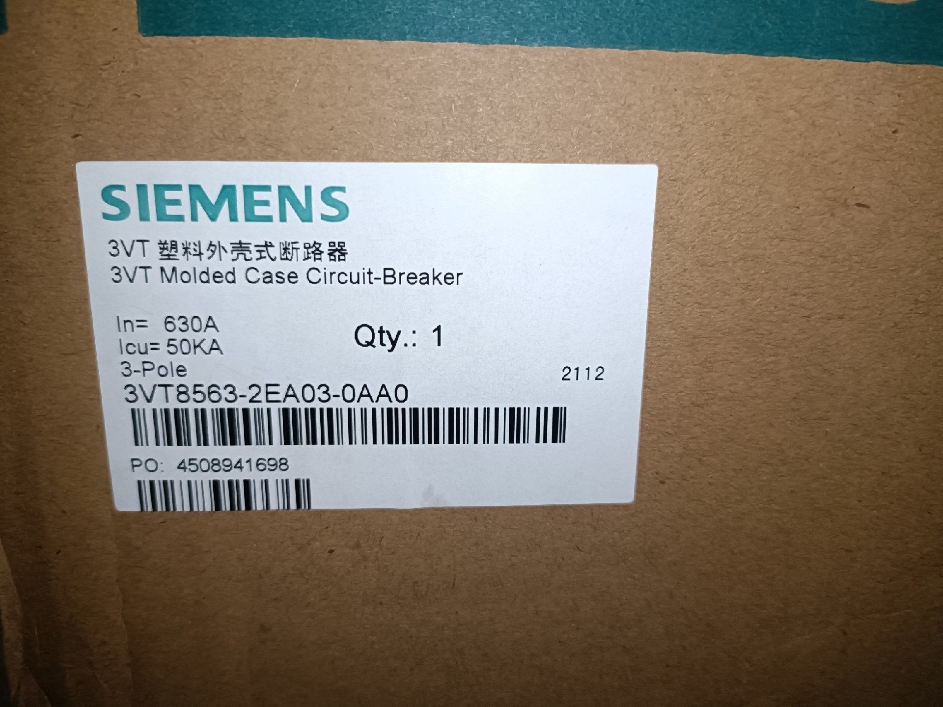 西门子塑壳断路器3VT8563-2EA03-0AA0 3P