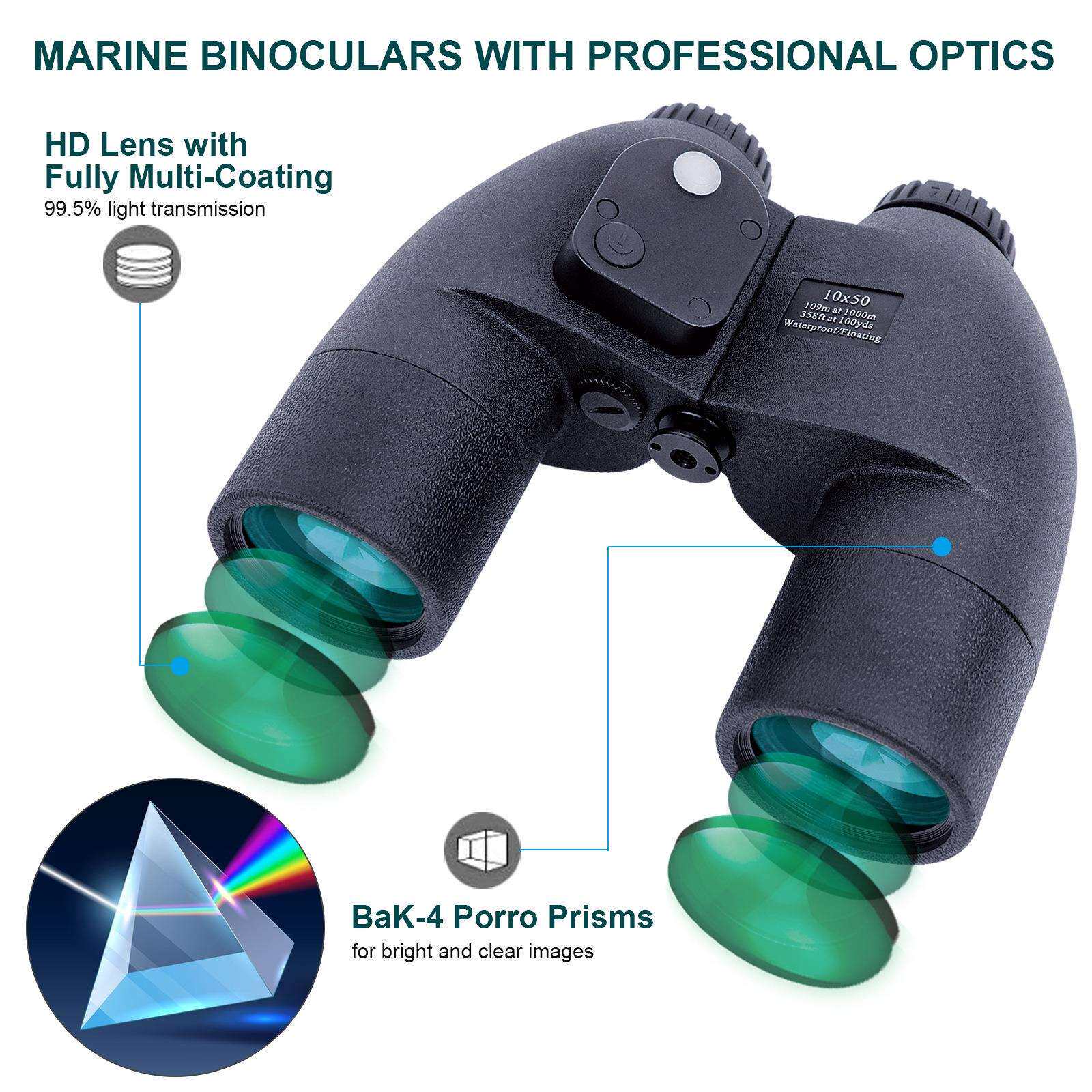 新款罗盘双筒望远镜10x50高倍高清充氮防水旅行航海坐标测距望远