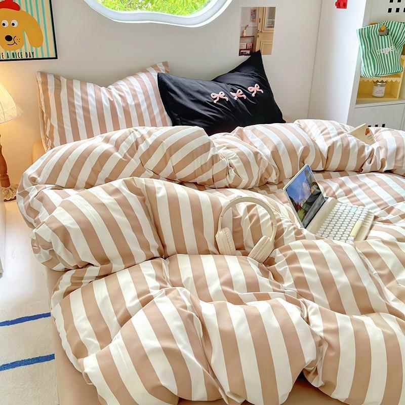 学生宿舍三件套奶油风条纹格子四件套床上用品床单床笠套件床笠款