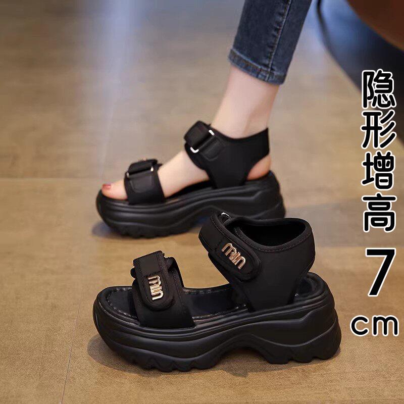 香港真皮厚底运动凉鞋女夏季外穿2026新款松糕增高休闲沙滩罗马鞋