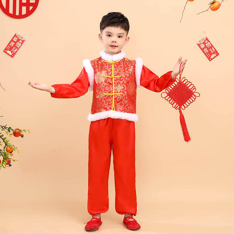 新款儿童族喜庆演出服民男红童女童中国风舞蹈表演秧拜年服开门歌