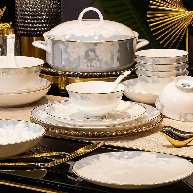 景德镇陶瓷描金手绘碗碟盘子餐具套装高颜值饭碗面碗鱼盘组合全套