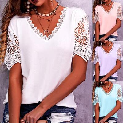 Plus Size Women's V Neck Lace Trim Fitted T-Shirt Textured