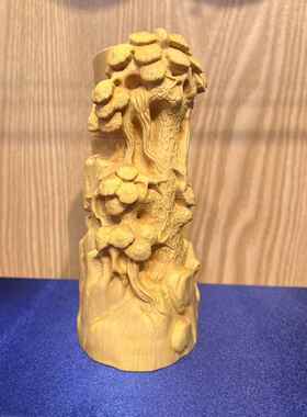 20240111宝厂家直供黄杨笔雕刻节节高筒居家办公木桌面摆饰文房四