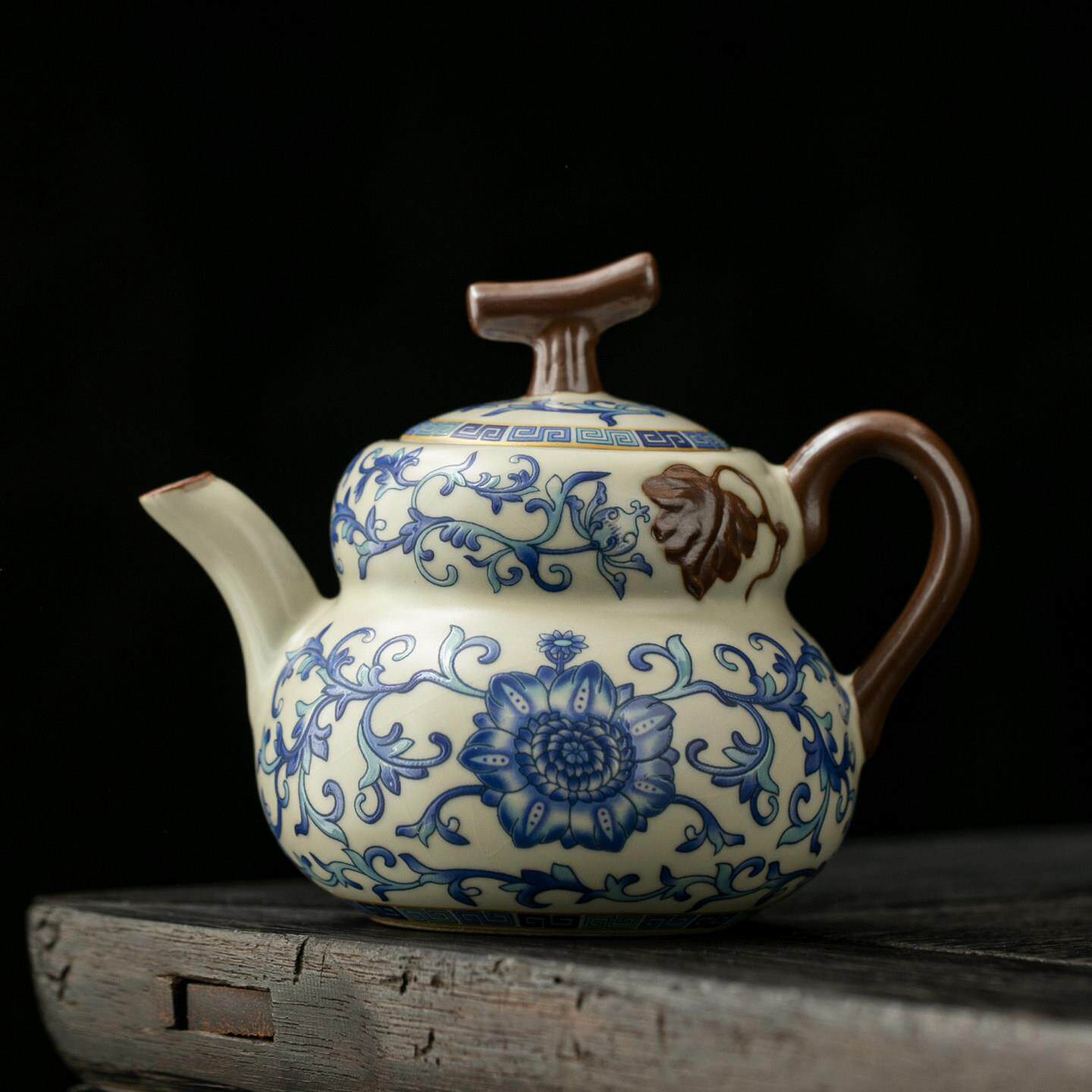 汝窑茶壶青花缠枝莲复古开片可养葫芦壶 高档泡茶器 陶瓷功夫茶具