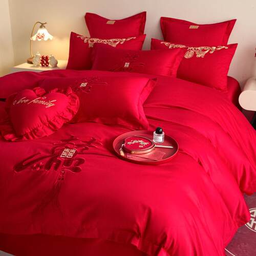 高档磨毛刺绣结婚四件套大红色简约被套婚房陪嫁婚庆多件套八件套