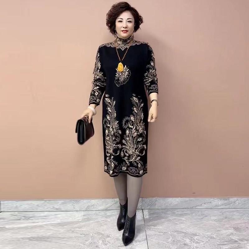 极速2026秋冬新款中老年妈妈装花色针织连衣裙复古显瘦遮肚打底中