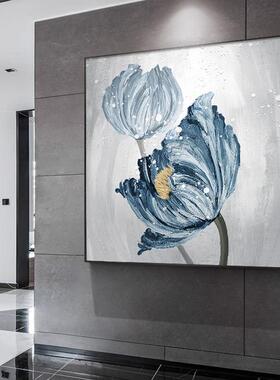 进户门玄关装饰画正方形北欧现代轻奢蓝色花卉抽象背景墙客厅挂画