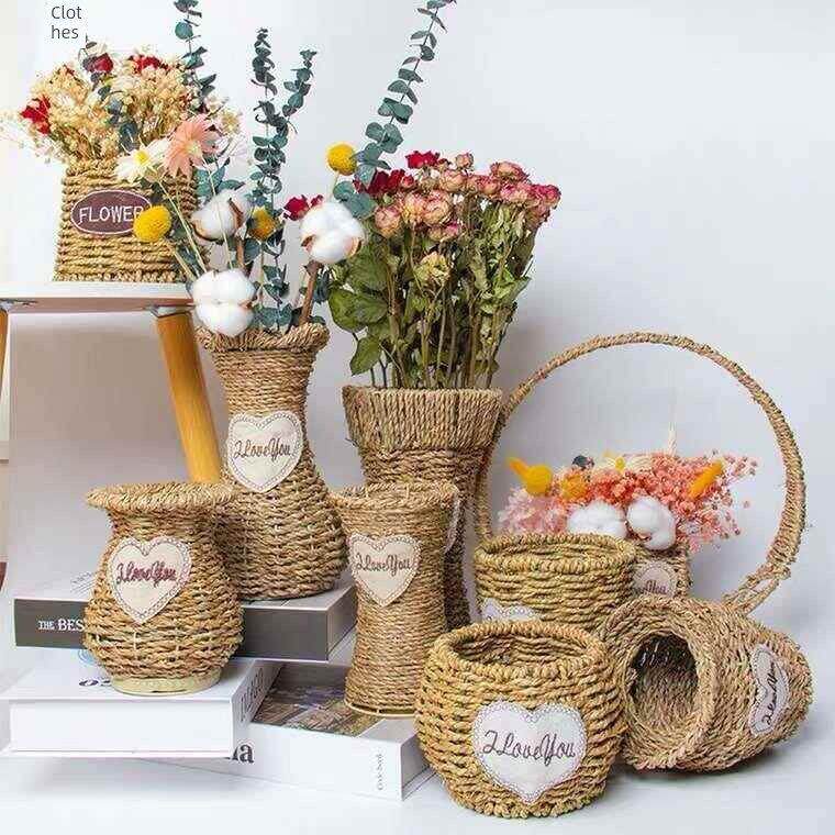 竹编花篮插花北欧花盆花瓶藤编店铺简约田园花筒花器干花摆设桌面