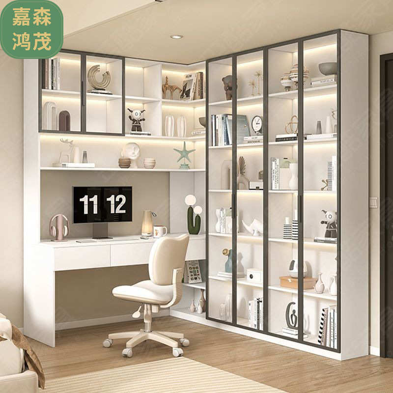 实木转角书桌书架组合书柜一体桌家用办公电脑桌网红写字桌学习桌