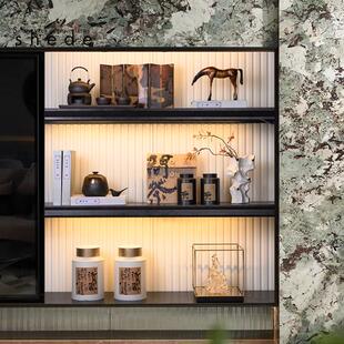 新中式样板间民宿书柜博古架锤纹提梁壶密封罐小屏风软装饰品摆件