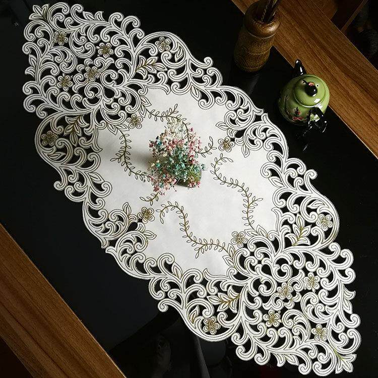 中式欧式布艺绣花桌布茶几椭圆桌旗桌垫镂空盖巾餐桌装饰实木桌旗