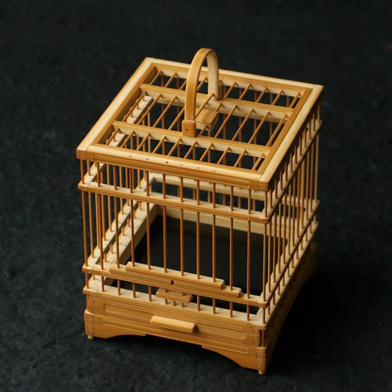 精品十几年老师傅纯手工制作方形老玉竹螽斯笼榫卯结构带抽屉笼子