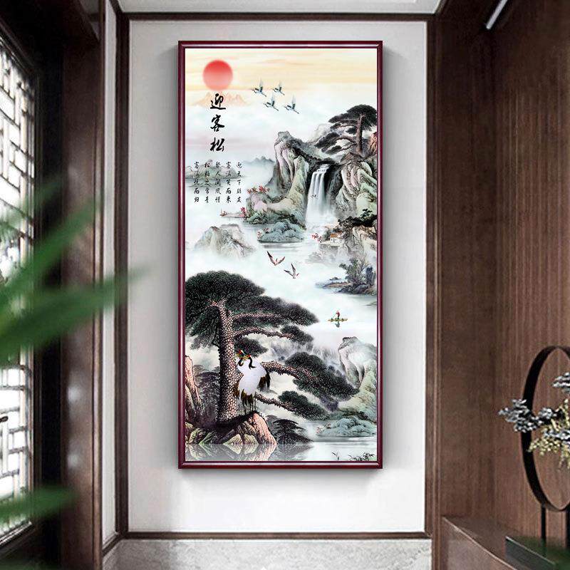 入门新中式玄关装饰画走廊尽头山水画竖版挂画墙壁画流水生财国画