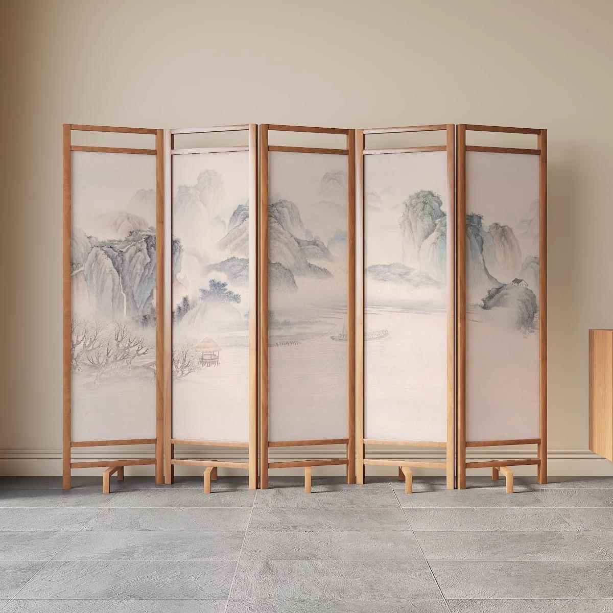 新中式实木屏风隔断办公室酒店茶室山水折叠可移动背景墙家用遮挡