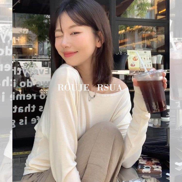 ROUJE RSUA法式白色冰丝一字肩上衣夏季后背镂空长袖防晒面膜t恤