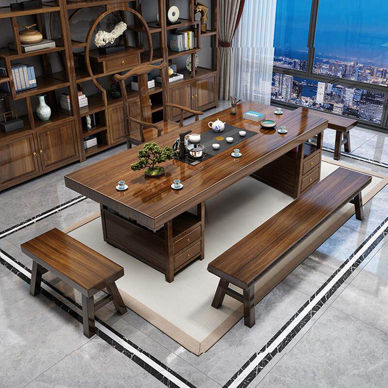 实木大板茶桌椅组合一桌五椅新中式家用茶几套装一体办公室泡茶台