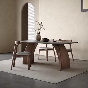 N5实木岩板餐桌现代简约胡桃色饭桌家用意式 极简灰色长方形岩板餐