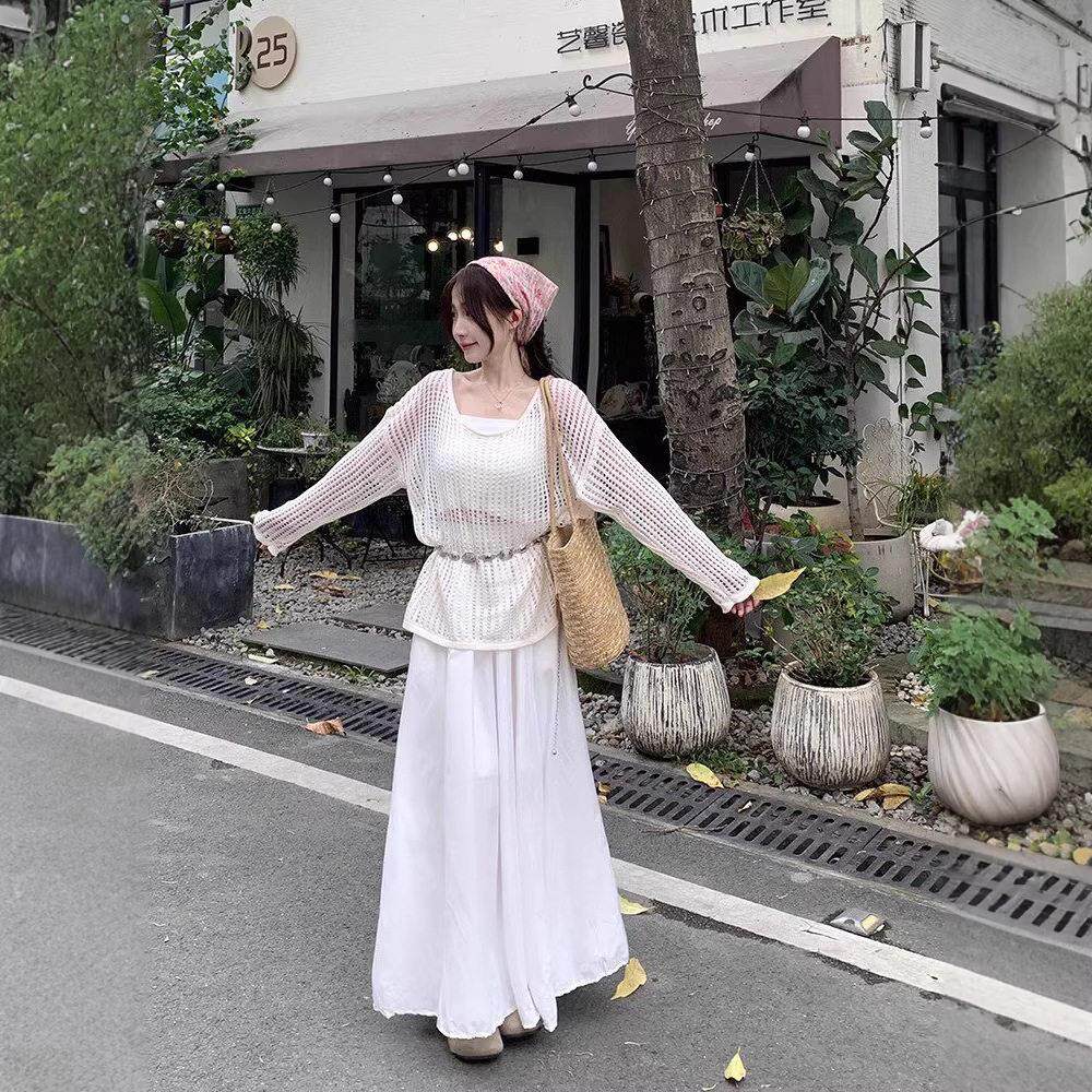 春夏薄款镂空圆领慵懒风套头中长宽松显瘦带腰带罩衫女针织衫上衣