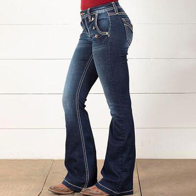 Jeans Womens Ladies Casual Fashion Denim Flared Button