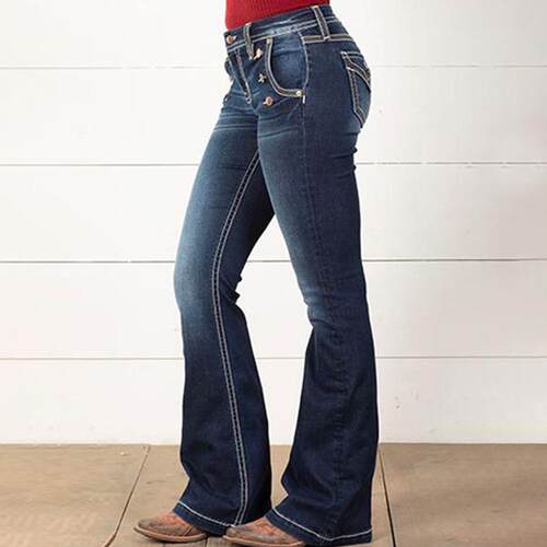 Jeans Womens Ladies Casual Fashion Denim Flared Button