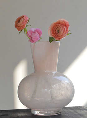 法式中古手工玻璃花瓶奶油色圆肚客厅餐桌高级感插花器装饰摆件