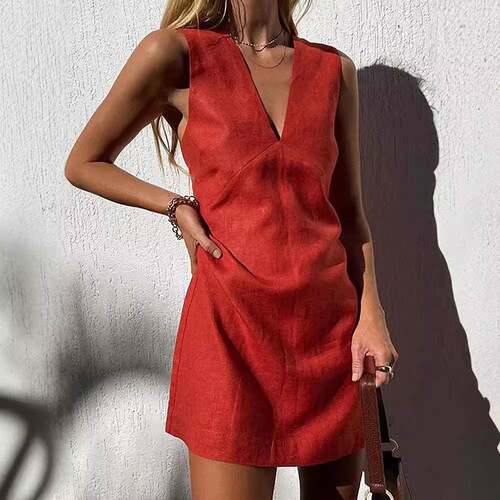 Dress Skirt Womens Cotton Solid Summer Deep V-Sleeveless