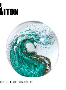 现代创意海浪玻璃球摆件样板房酒店大堂客厅玄关茶几软装饰品摆设