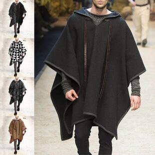 民族风宽松休闲斗篷披肩套头披风毛呢外套男潮Mens cloak