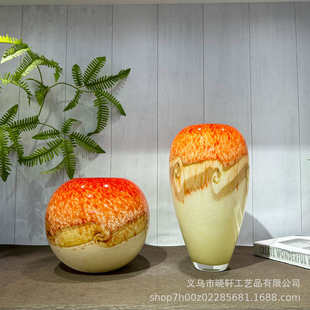 轻奢高级橙色中古琉璃花瓶家居样板间插花器酒店客厅酒柜高级摆件
