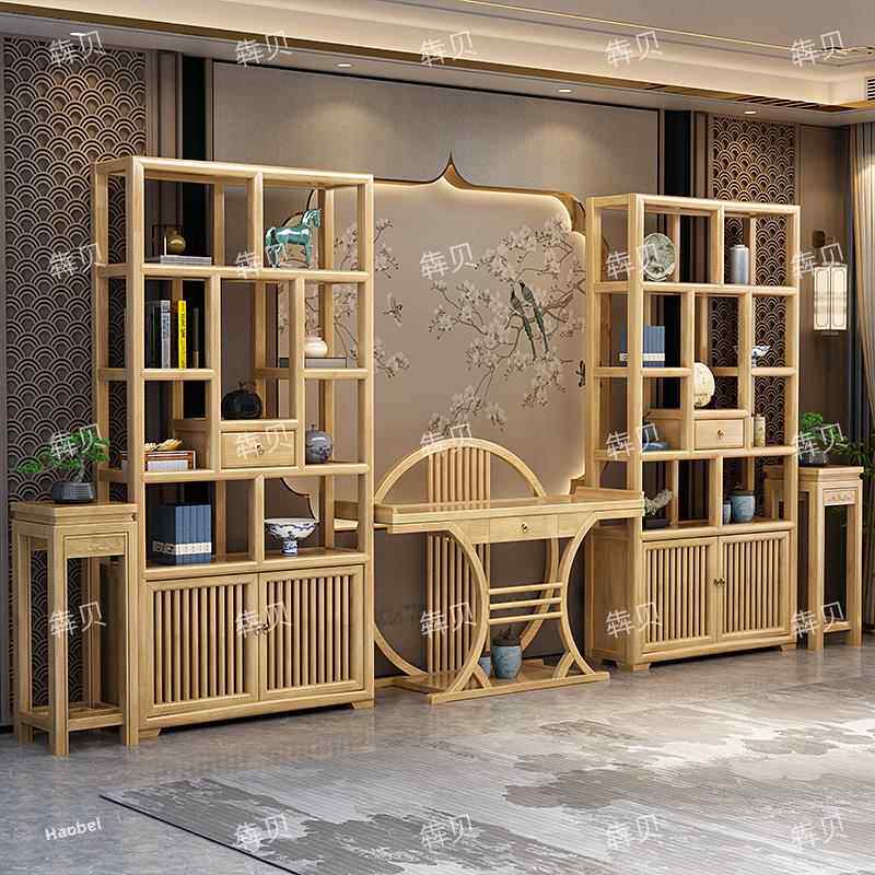 原木色博古架实木新中式书架多宝阁办公室隔断置物架茶叶展示柜子