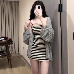 辣妹条纹吊带洋装女夏季套装宽松灰色镂空开 衫紧身打底包臀短裙