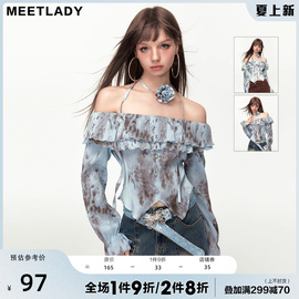 MEETLADY荷叶边长袖花朵一字肩上衣女扎染感肌理感长袖T恤女上衣