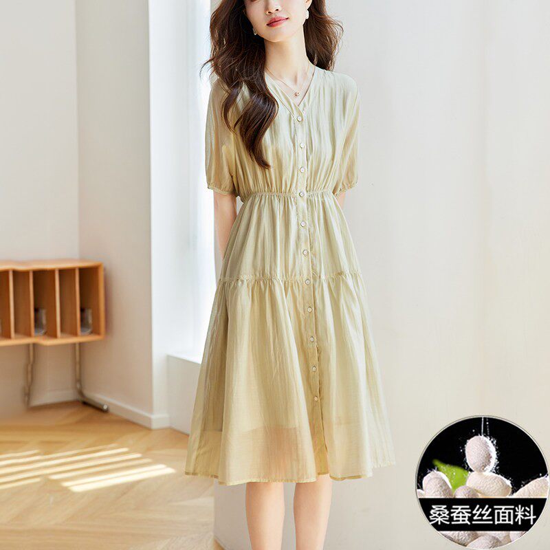 真丝洋装女2025新款夏季轻奢高级感气质温柔风中长版桑蚕丝裙子