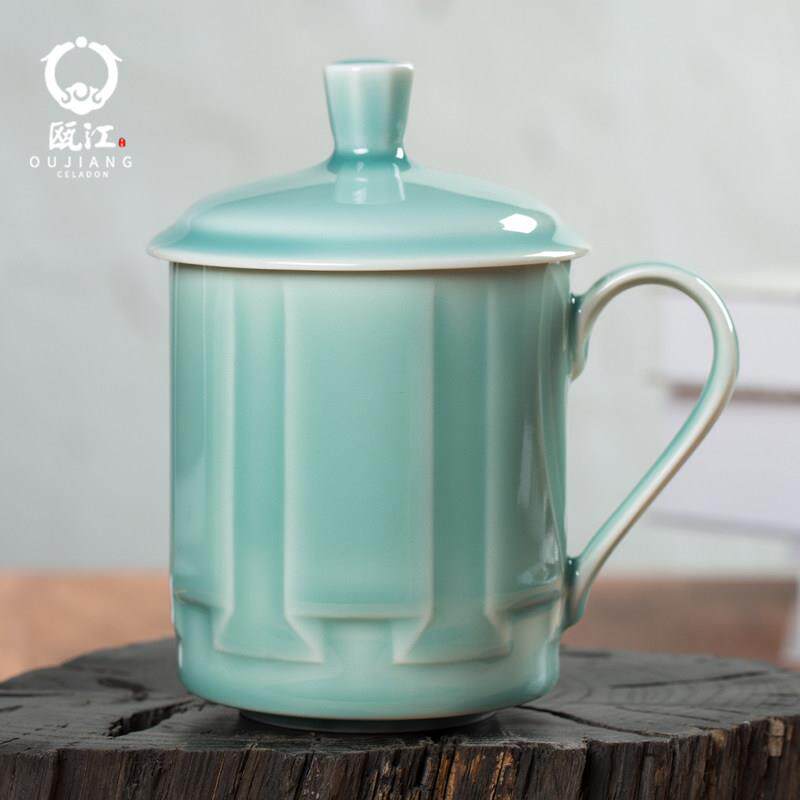 瓯江龙泉青瓷办公茶杯带盖子陶瓷杯礼盒装泡茶大杯子家用杯香玉杯