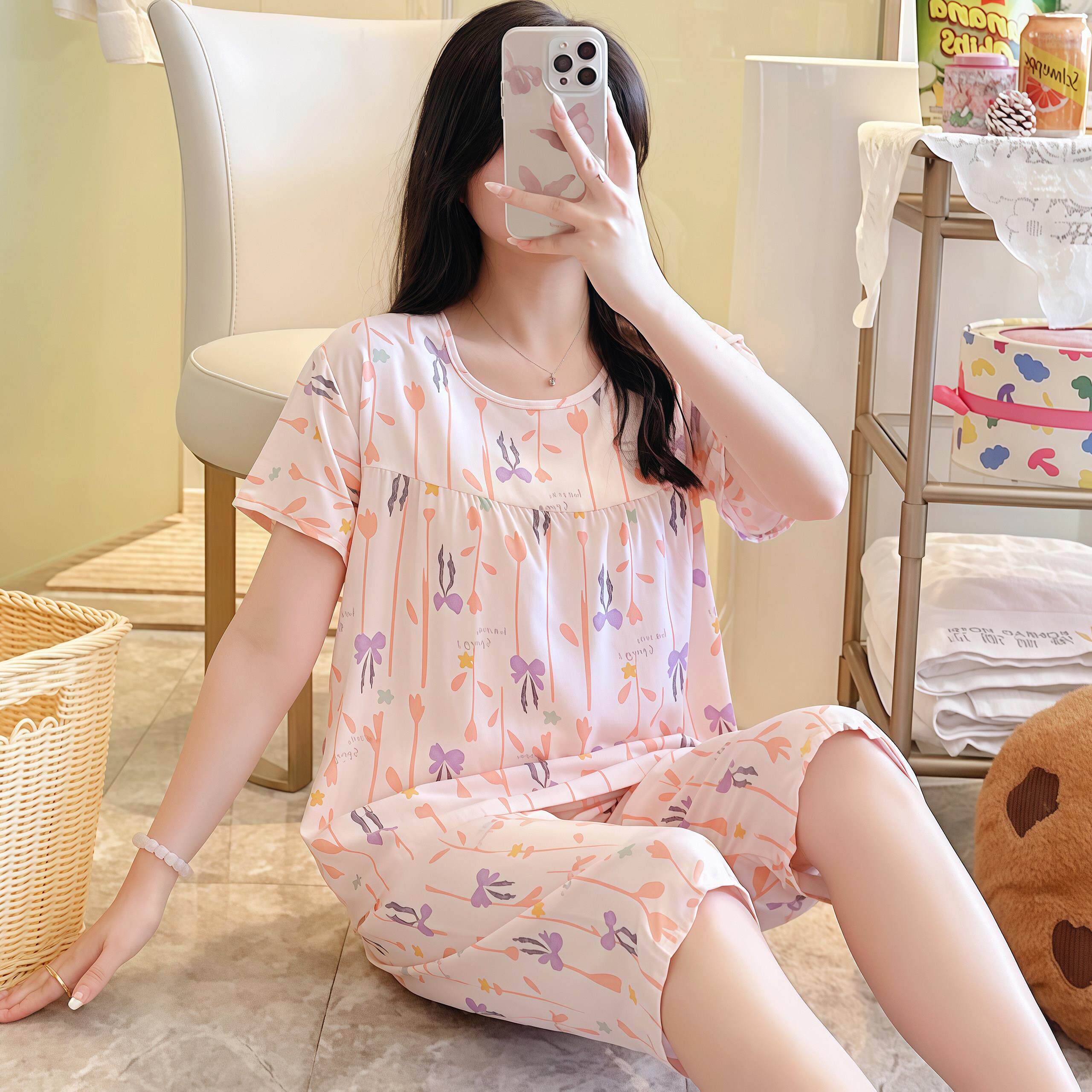 夏季女士棉绸薄款睡衣短袖套装五分裤人造绵空调服两件套家居服天