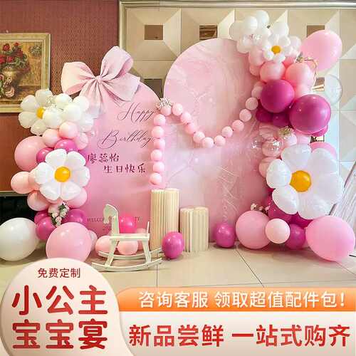 粉色系宝宝周岁生日布置装饰场景女孩儿童百日满月气球kt板背景墙