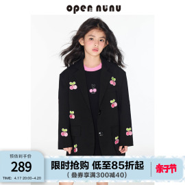 opennunu女童彩色立体樱桃，西装外套春秋中大童，垫肩宽松中长款西服