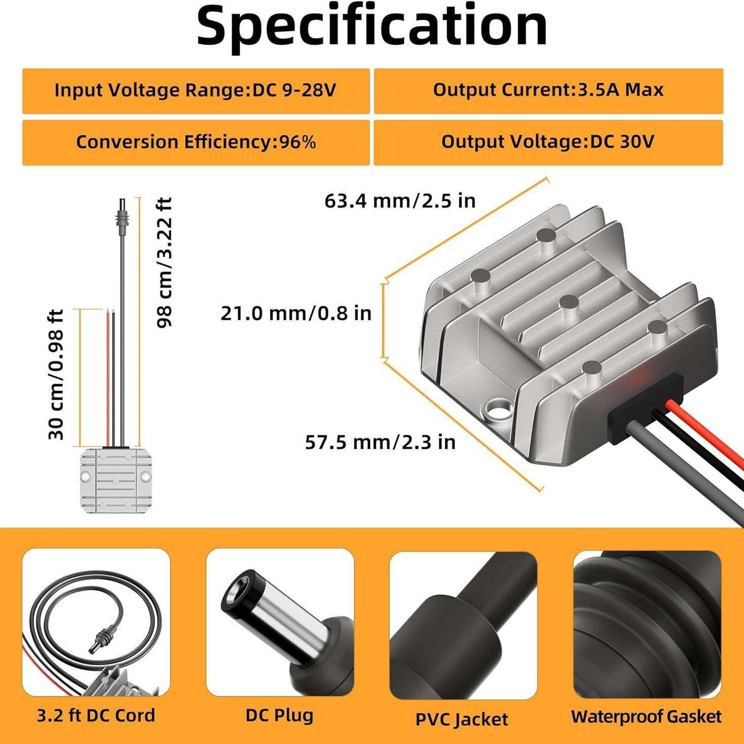 跨境热销 12V24V转30V3.5A电源转换器 带直流电源线 9-28V转30V