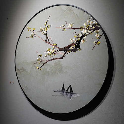 一枝独秀客厅成品画中式圆形新挂画刺绣苏绣纯手工装5zw卧室玄关