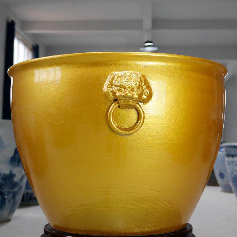 陶瓷鱼缸金色招财狮耳大水缸家用客厅养鱼睡莲荷花盆种树庭院大缸